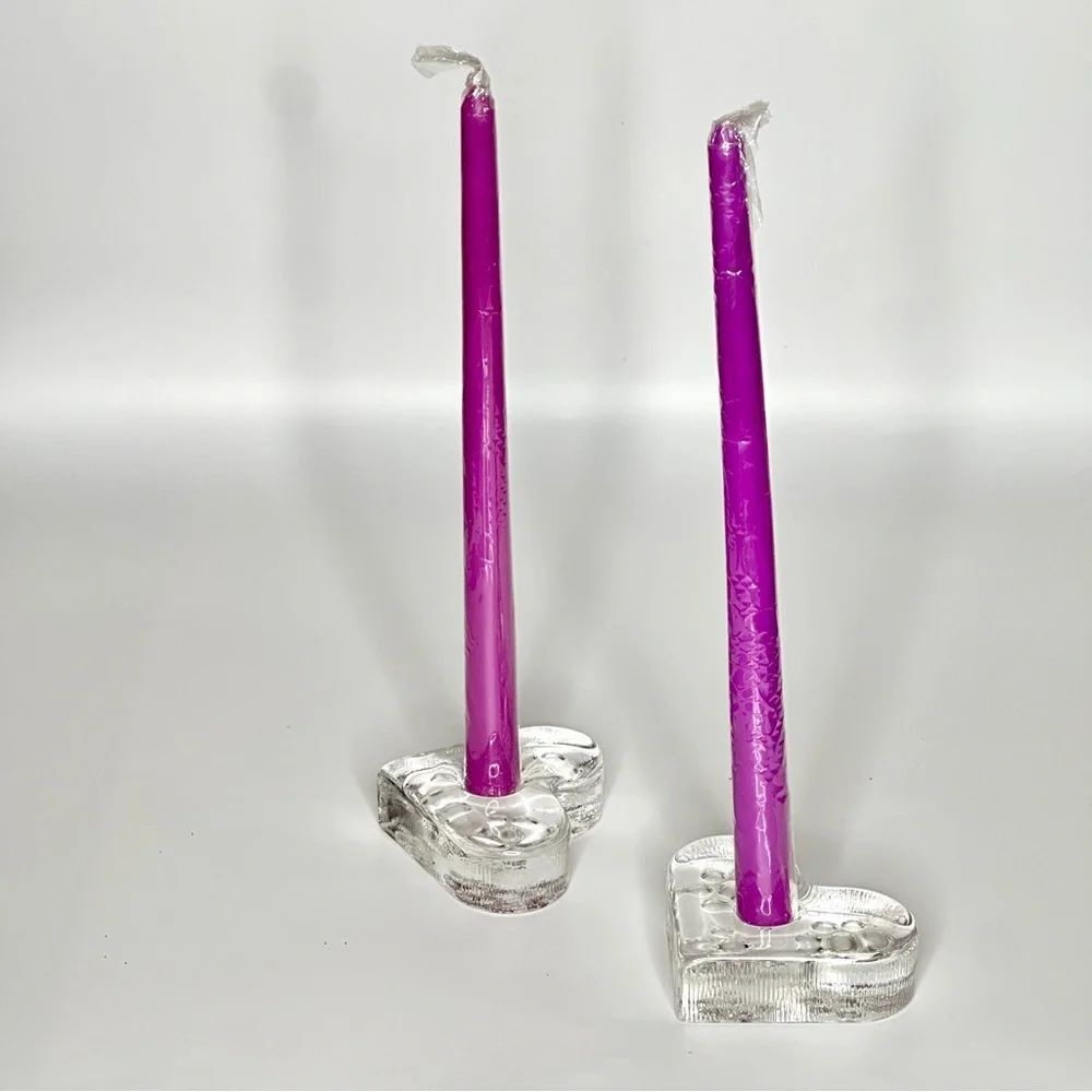 Glass Heart Candle Holders Valentine’s Day Set of 2 Clear with Taper Candles